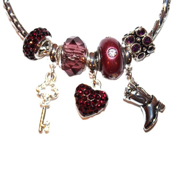 DaVinci Charm Bracelet 8" 7 Beads - Heart Cowgirl Boot Country Garnet Red CZ - Picture 2 of 4